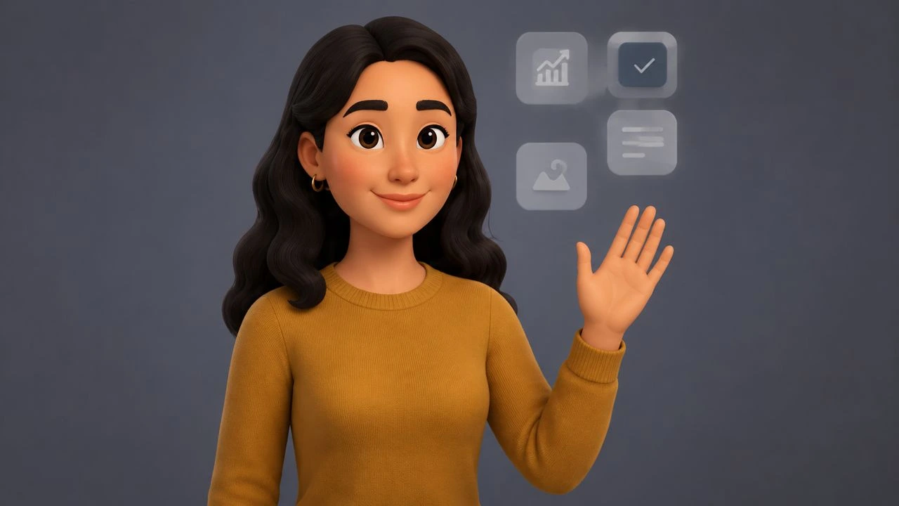 Animated character presenting an application