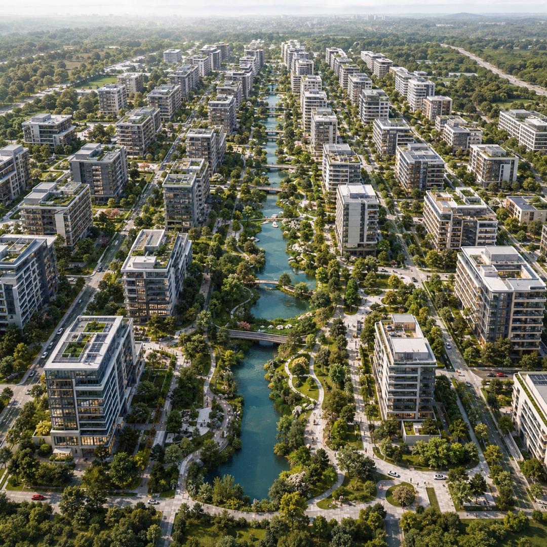 Aerial architectural masterplan visualisation