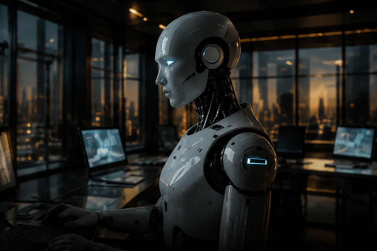 Cinematic 3D robot in a technology environment